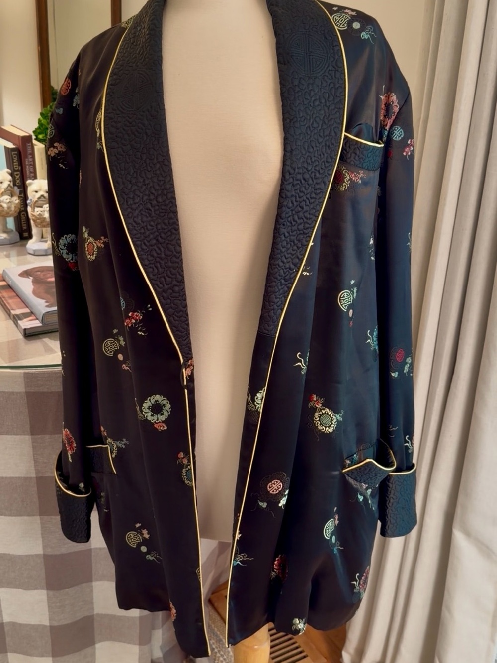 Silk-Blend Black Embroidered Open Jacket with Gold Piping